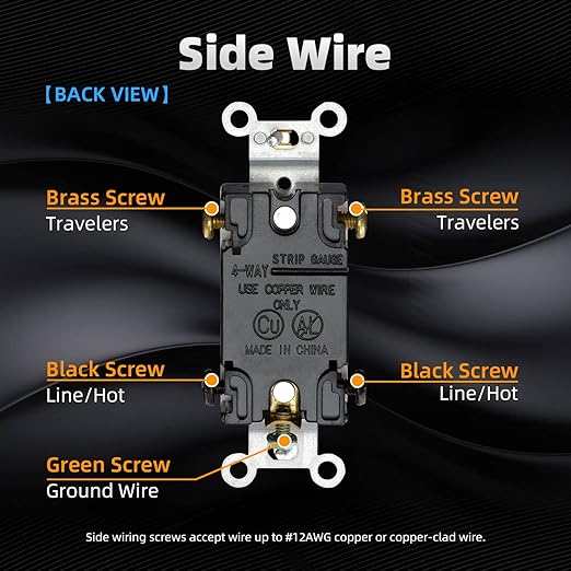 ELEGRP 4 Way Toggle Light Switch, 15 Amp, 120-277V, Toggle Framed AC Quiet Switch, in Wall On/Off, Self-Grounding, Residential and Commercial Grade, UL Listed (5 Pack, Glossy Black)
