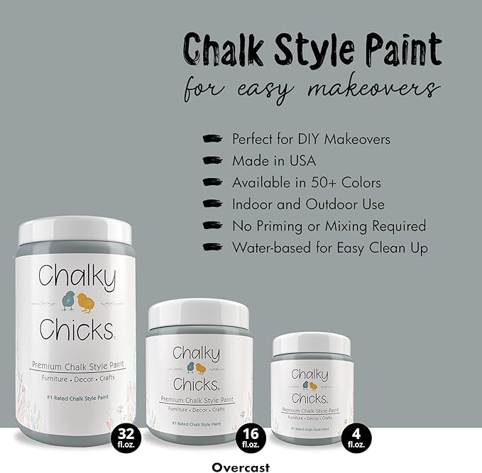 Chalky Chicks 16 Fl Oz Matte Overcast (Blue Gray) Chalk Paint for Furniture Without Sanding - No Prep Furniture Paint No Sanding All in One for Crafts, Wood, Walls, Cabinet, Metal, Dresser, Farmhouse