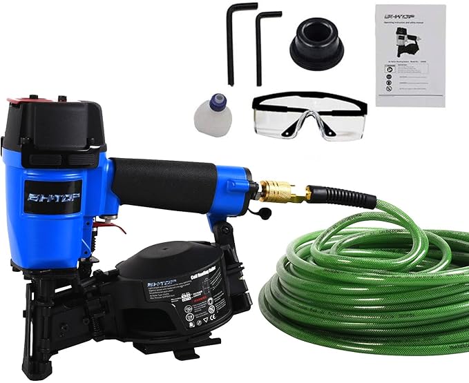 CN45N Roofing Nailer with 100Ft Air Hose, 15 Degree Roofing Nail Gun, 3/4-Inch to 1-3/4-Inch Coil Nails, 120-pcs Load Capacity Coil Nailer in Blue