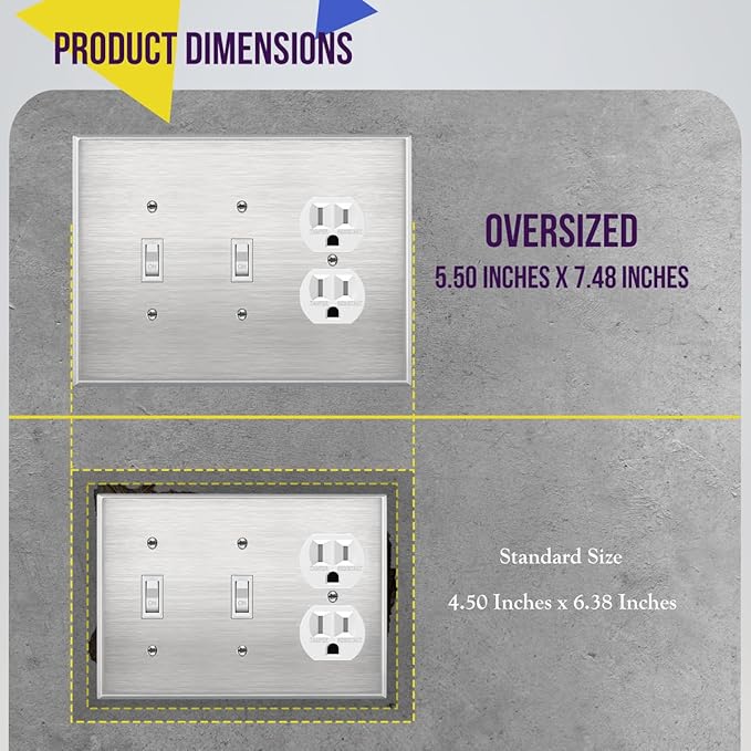 ENERLITES Combination Two Toggle/One Duplex Receptacle Metal Wall Plate, Oversize 3-Gang, 5.51” x 7.48”, UL Listed, 771221O, 430 Stainless Steel