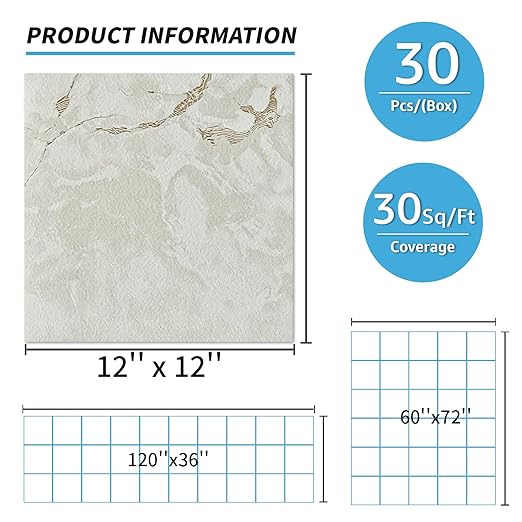Art3d Peel and Stick Floor Tile, 30-Pack 12 x 12in. Covers 30 Sq.ft, Waterproof Vinyl Flooring Tiles Self Adhesive for Kitchen, Bathroom & Bedroom - White Grey Vein Marble