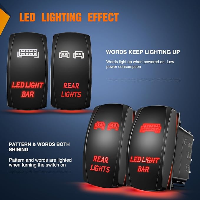 Nilight 2 Pack Rear Lights Rocker Switch Led Light Bar 5Pin Laser On Off SPST Switches 20A/12V 10A/24V Red LED with Jumper Wire Set for Cars Trucks Boats RVs