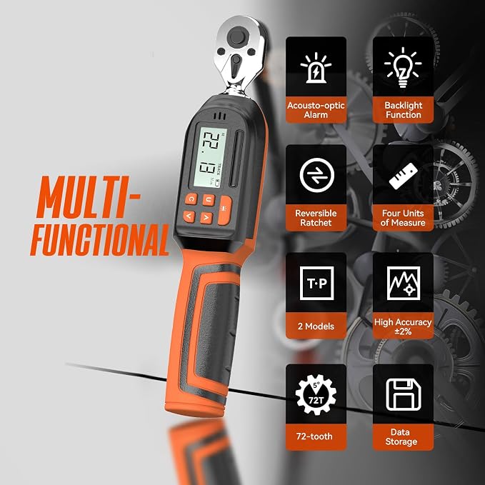 1/4 Digital Torque Wrench (1.1-22.2 Ft.Lb/ 13.3-265.5 In.lb) | ±2% Accuracy Buzzer and LED Alarm Peak & Track 72-Tooth Quick Release Head Motorcycle Bicycle MTB Home DIY