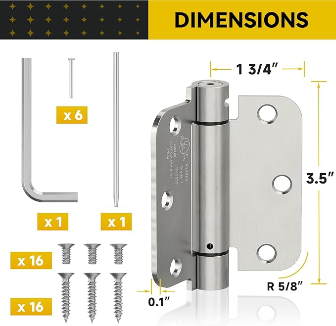 3 Pack Self Closing Door Hinges, 3.5 Inch Spring Loaded Door Hinges for Garage, Front, Back Door, Left/Right Hand, Adjustable Tension, 5/8'' Radius Corners, UL Listed, Brushed Nickel