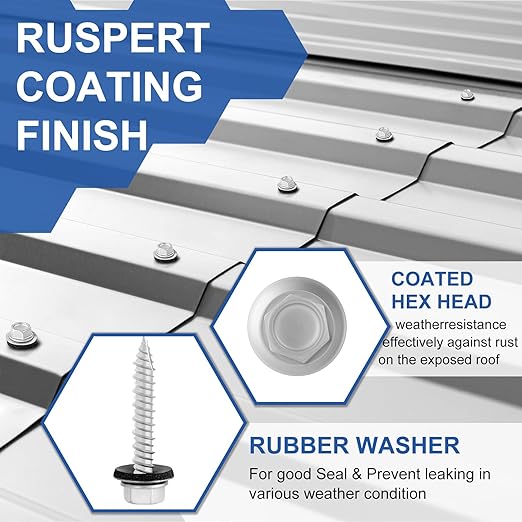 Metal Roofing Screws #14 × 1-1/2 Inch, 44-PCS, Hex Head Rustpert Coating Sheet Metal to Wood Siding Screw with EPDM Rubber Washer, Sharp Point, Hex Socket Included