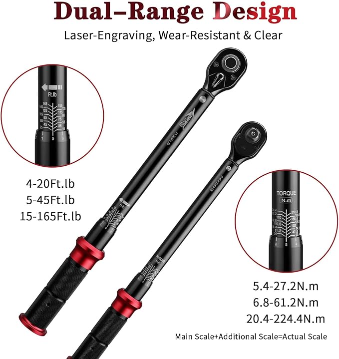 AEROFORCE 1/4 & 3/8 & 1/2-inch Drive Click Torque Wrench, 3Pcs Torque Wrench Set 4-20Ft.lb, 5-45Ft.lb, 15-165Ft.lb 72-Tooth Dual Scale for Bike, Moto, Car Repair
