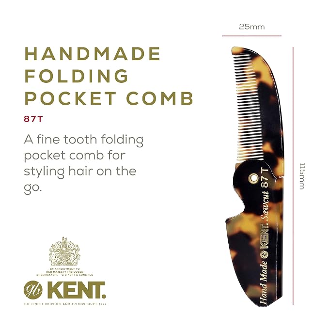 Kent 87T TY Handmade Folding Pocket Comb for Men, Fine Tooth Hair Comb Straightener for Everyday Grooming Styling Hair, Beard or Mustache, Use Dry or with Balms, Saw Cut Hand Polished, Made in England