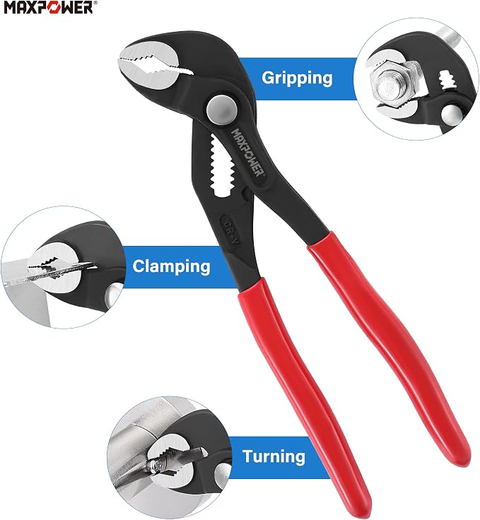 MAXPOWER 7-Inch Water Pump Pliers, 0.98" Jaw Open V Jaw Adjustbale Pliers | Quick Release Push Button Mini Pliers, Serrated Teeth, Comfortable Grips