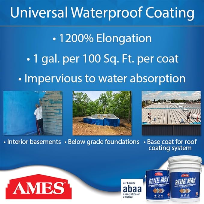 Ames Research Laboratories BMX5RG Blue MAX Waterproofer, Regular Use in Interior & Below-Grade Exterior Concrete Sealer and More. Liquid Rubber, 5 Gallon (Pack of 1), 640 Fl Oz