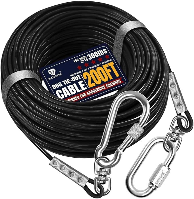 Tie Out Cable for Dogs Up to 300lbs, 200ft Extra Strong 1000lbs Break Strength Tie-Out Tether Trolley Training Lead,Dog Run Cable for Yard Garden Park Camping Outside (Black, 300lbs 200ft)