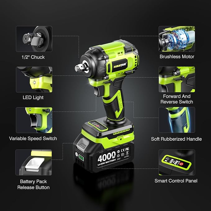Cordless Impact Wrench, 590Ft-lbs (800N.m) Brushless 1/2 inch, 2800RPM High Torque Impact Gun, 2x 4.0Ah Battery, Charger, 4 Sockets, Electric Impact Wrench for Car Home