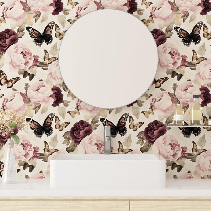 Beige Pink Butterfly Floral Peel and Stick Wallpaper 17.5"x118" | Self Adhesive/Removable/Waterproof/Thick Vinyl Vintage Contact Paper for Bathroom Bedroom Shelf Cabinet Drawer,Prepasted