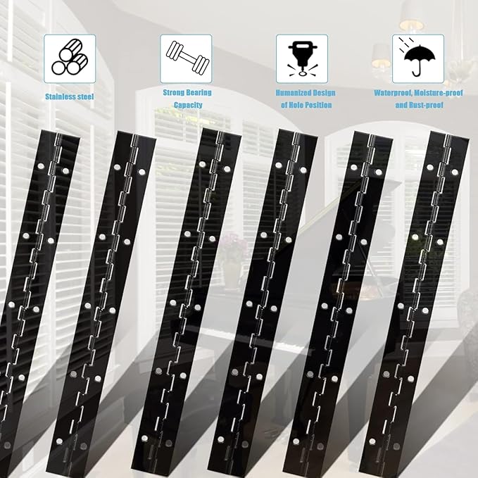 6PCS Continuous & Piano Hinges 16Inch with Holes, 0.04”Thick Stainless Steel 304 Heavy Duty Black Piano Hinges, 1.2" Open Width Continuous Hinge for Cabinets Boat Marine Door, Mailbox, Storage Boxes