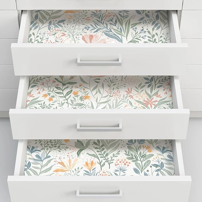 Fititem Floral Peel and Stick Wallpaper Boho Modern Wall Paper 17.3”×591” | Wildflower Self Adhesive Contact Paper for Cabinet Fun Nature Removable Waterproof Wallpaper for Bathroom Kids Bedroom Decor