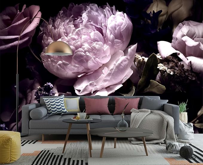 YIHWM-Peel and Stick Purple Flowers Wallpaper Dark Peony Floral Wall Mural | Tear-resistant,with a substantial feel;Will not be damaged during repositioning.Bathroom,Bedroom wallpaper.S-80"x58"