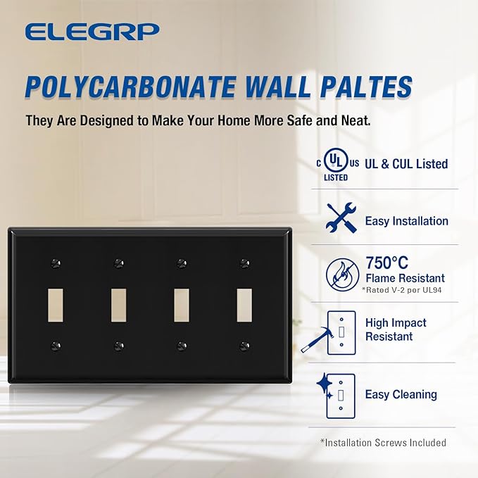 ELEGRP Toggle Light Switch Wall Plate, 4-Gang Standard Size Switch Covers, Unbreakable Polycarbonate Replacement Faceplates Covers, UL Listed, Color-matched Screws Included (1 Pack, Glossy Black)