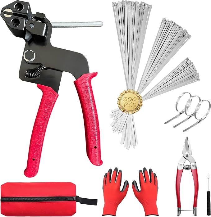 300PCS Metal Zip Ties Gun Kit, Silver 7.8"/9.8"/11.8" Self-Locking 304 Stainless Steel Zip Ties, Heavy Duty Cable Tie Fastening Cutting Release Tool Set for Outdoor Fence, Exhaust Pipe and Farm Use.
