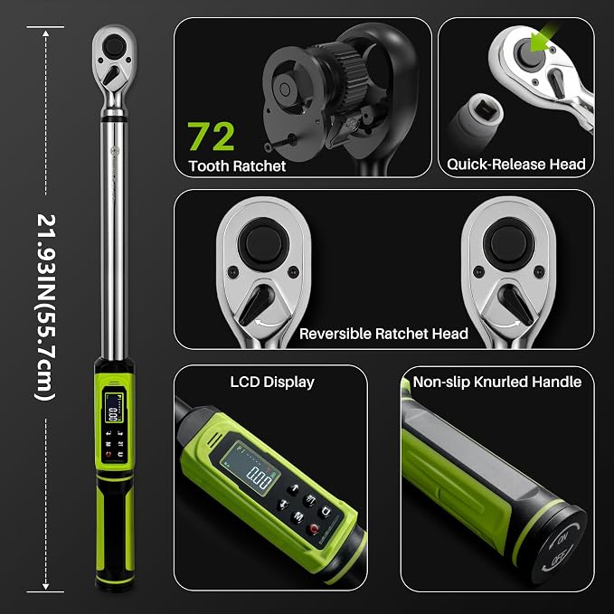 Digital Torque Wrench 1/2"Drive-3.8-250.8Ft.Lbn for Car Truck Wheel | Electric Torque Wrench(5.1-340N.m), Vibration Buzzer LED Indicator,±2% Acc. 5 Units for Auto Repair, DIYers RV Owners Farmers