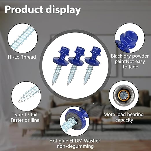 Metal Roofing Screws 10 x 1 inch, Blue Hex Head Sheet Metal Roof Screw with EPDM Washer for Corrugated Roofing (250Pcs)