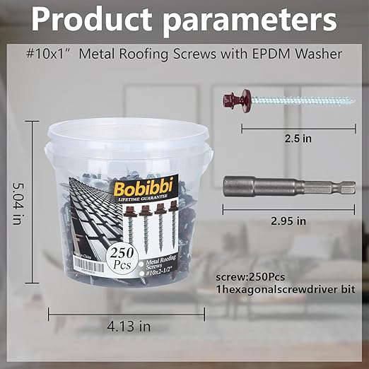 Metal Roofing Screws 10 x 2-1/2 inch, Brown Hex Head Sheet Metal Roof Screw with EPDM Washer for Corrugated Roofing (250Pcs)