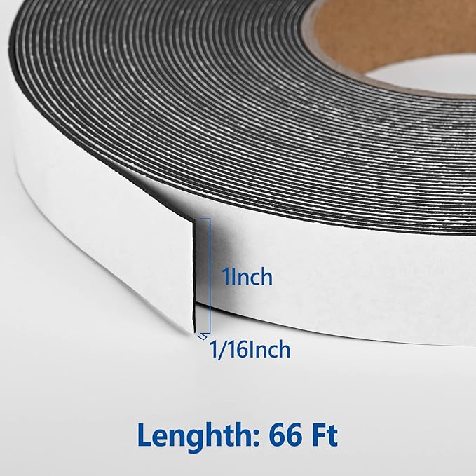 Kikerike Self Adhesive Foam Tape Weatherstrip 1In x 1/16In x 66Ft High Density Foam Insulation Strips Seal Weather Stripping with Strong Adhesive for Door and Window Sound Isolation Soundproofing
