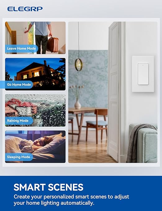 ELEGRP Smart Light Switch, 2.4GHz Wi-Fi Light Switch Compatible with Alexa & Google Assistant, Neutral Wire Required, APP Control and Timer Schedule, UL Certified, Single Pole/3 Way, White, 2 Pack