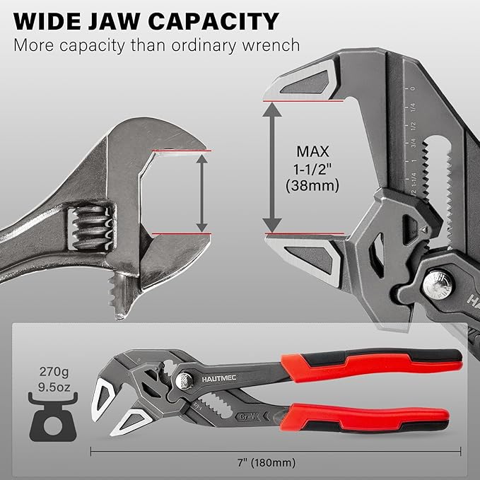 HAUTMEC Adjustable Pliers Wrench, 7-Inch Smooth Jaw Parallel Pliers, Heat-Treated CR-V Steel & Phosphated Rust-Resistant, SAE/Metric Scale, Storage Belt Pouch for Professional Plumbing & DIY
