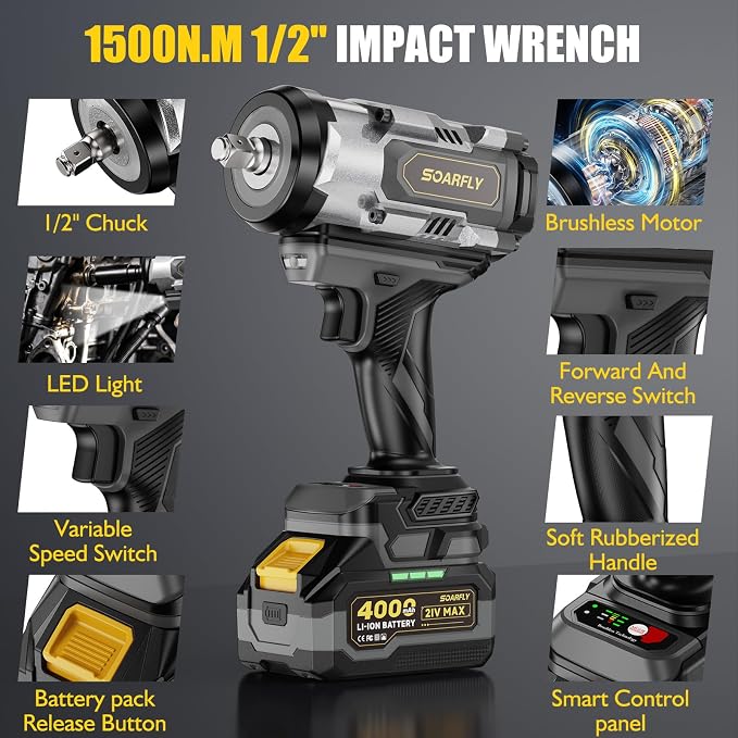1/2" Cordless Impact Wrench 1106Ft-Lbs (1500N.m) | 21V Brushless High Torque Impact Gun, 2x4.0Ah Batteries, Variable Speed, LED Light, 5 Sockets for Truck RV Car Tire Repairs