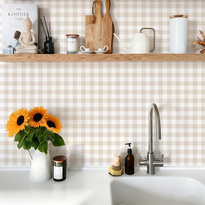 Plaid Wallpaper Peel and Stick, Beige, 17.7"x197" | Self Adhesive, Vinyl, Removable, Boho Contact Paper, Checkered Wall Paper for Bedroom, Living Room, Bathroom