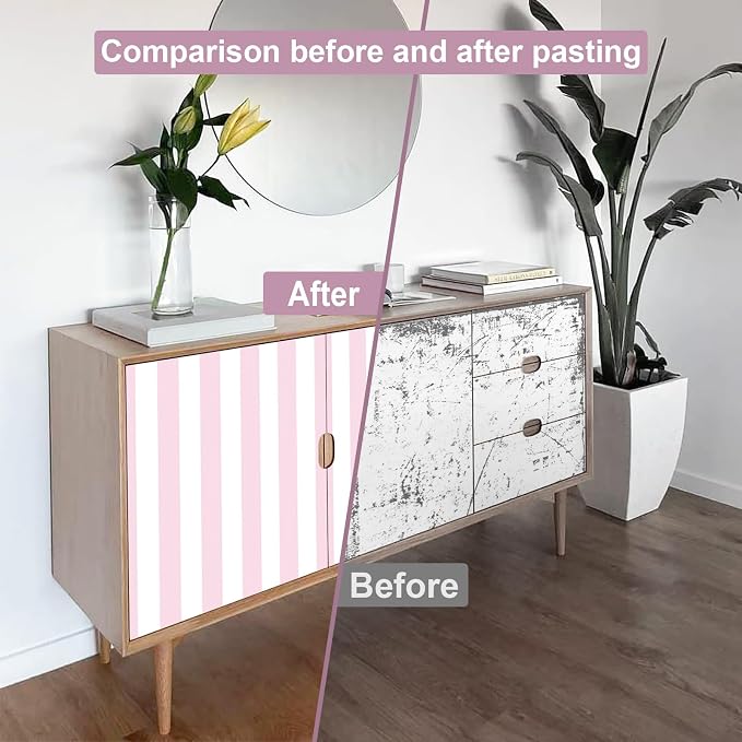 Cohoo Home Pink Striped Peel and Stick Wallpaper Pink and White Stripe Contact Paper for Cabinets Modern Stripes Self-Adhesive Removable Wall Paper Cute Girls Bedroom Nursery Decor Vinyl 17.7”×787”