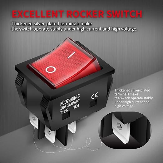 DaierTek 30A 250V KCD2 KCD4 Rocker Switch DPST 4 Pin Red Lighted 120V Rocker Toggle Switch ON Off Heavy Duty T125-3Pack