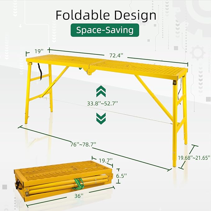 Folding Scaffolding Platform, 71(L) x15.7(W) x51(H)''770 Lbs, Adjustable Steel Industrial Step Ladders, Portable Heavy Duty Work Platform for Construction Sites and Renovations