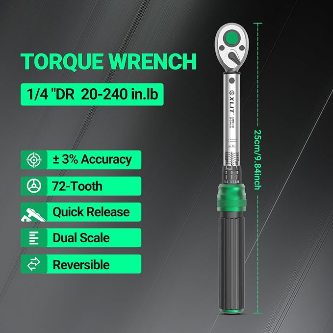 1/4" Drive Click Torque Wrench, 20-240 in.lb/2.3-27 Nm, Dual-Direction Adjustable 72 Tooth Ratchet, ±3% Accuracy Small Torque Wrench for Bike and Motorcycle