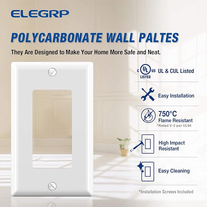 ELEGRP Decorative Receptacle Wall Plate, 1-Gang Standard Size Decorator Covers, Unbreakable Polycarbonate Faceplates for Decorator Device, UL Listed, Screws Included (5 Pack, Glossy White)