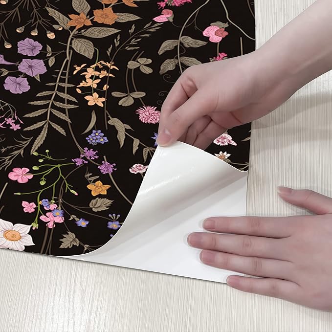 Wallpaper Self-Adhesive Blooming Vintage Colourful Flowers Wall Paper for Bedroom Living Room Cabinet, Peel and Stick Beige Sketch Little Flowers Wallpaper Mural 7.1 sq. feet (17.3''''x59.1'', Black)