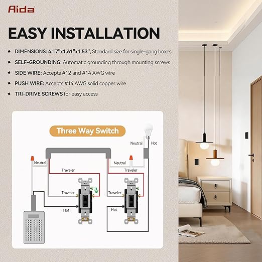 AIDA 4 Pack 3 Way Toggle Light Switch, 15 Amp, 120 Volt, Toggle Framed AC Quiet Switch, in Wall On/Off Switch Replacement, Self-Grounding, Residential and Commercial Grade, UL,Glossy Black