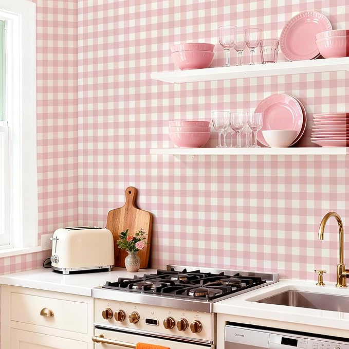 Plaid Wallpaper Peel and Stick, Pink, 17.7"x393" | Self Adhesive, Vinyl, Removable, Boho Contact Paper, Checkered Wall Paper for Bedroom, Living Room, Bathroom