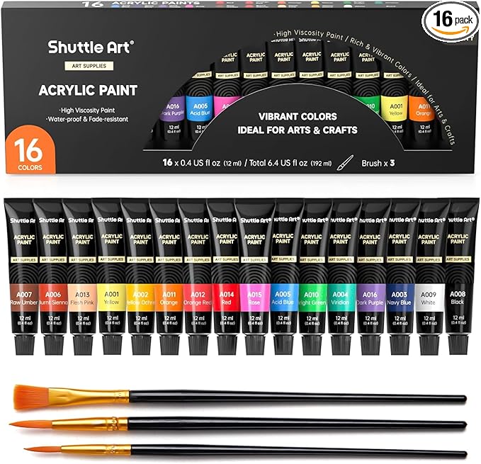 Shuttle Art Acrylic Paint Set, 16 x12ml Tubes Artist Quality Non Toxic Rich Pigments Colors Great for Kids Adults Professional Painting on Canvas Wood Clay Fabric Ceramic Crafts