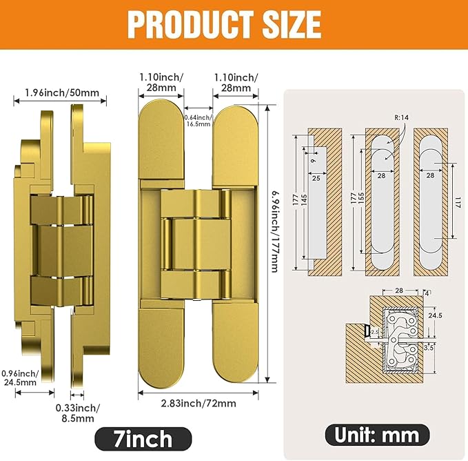 7" Hidden Door Hinge/Concealed Hinges,Invisible Hinges,Invisible Door Silent 180 Degree Swing Hinge 3-Way Adjustable Butt 7 x 2.8 x 1 (Golden, 7 inches)