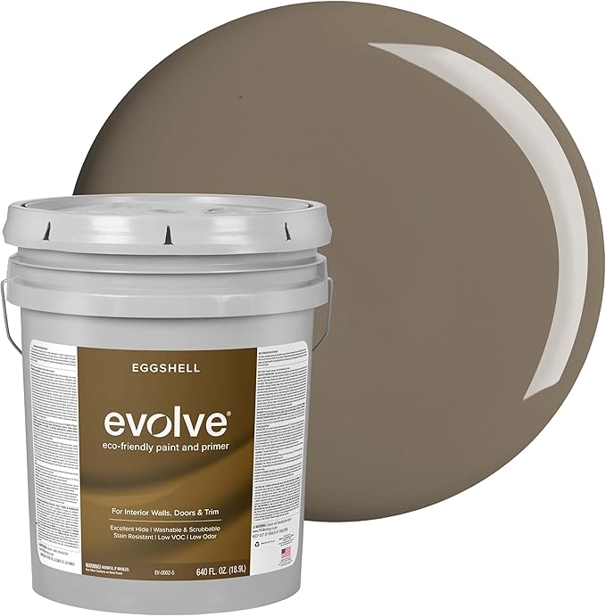 EVOLVE Interior Paint & Primer, Eggshell (Fairhaven Taupe), 5 Gallon – One-Coat Coverage, Excellent Hide, Low VOC, Low Odor, Washable Paint for Walls, Doors & Trim