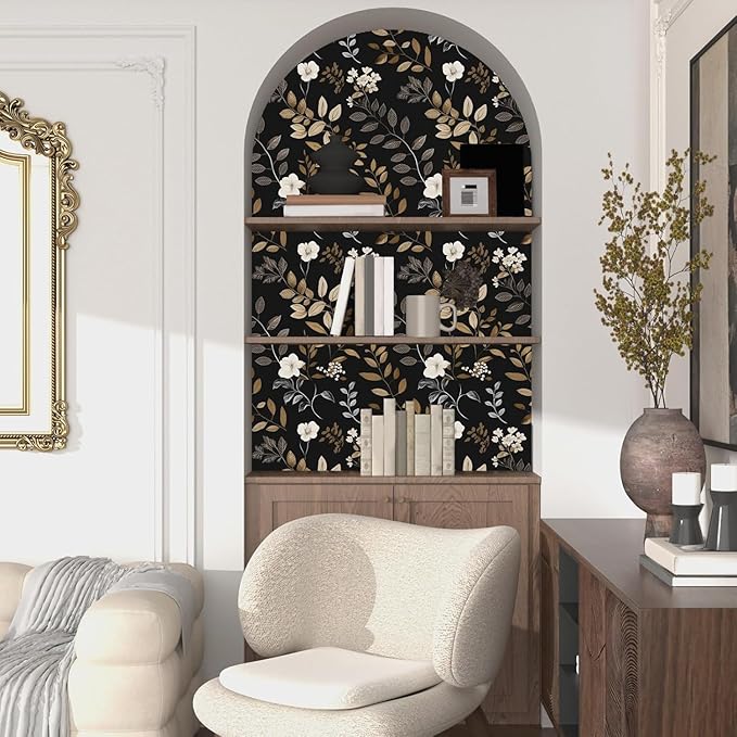 Floral Leaf Vintage Wallpaper Peel and Stick 17.5"x118", Black Gold | Self Adhesive/Removable/Waterproof/Thick Vinyl Contact Paper for Bathroom Bedroom Shelf Cabinet Drawer,Prepasted,Easy Peel