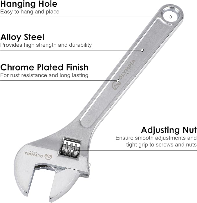 Olympia Tools 10" Adjustable Wrench, Heavy Duty Drop Forged Steel, Chrome Plated, Precision Machined Jaws, Rust Resistant
