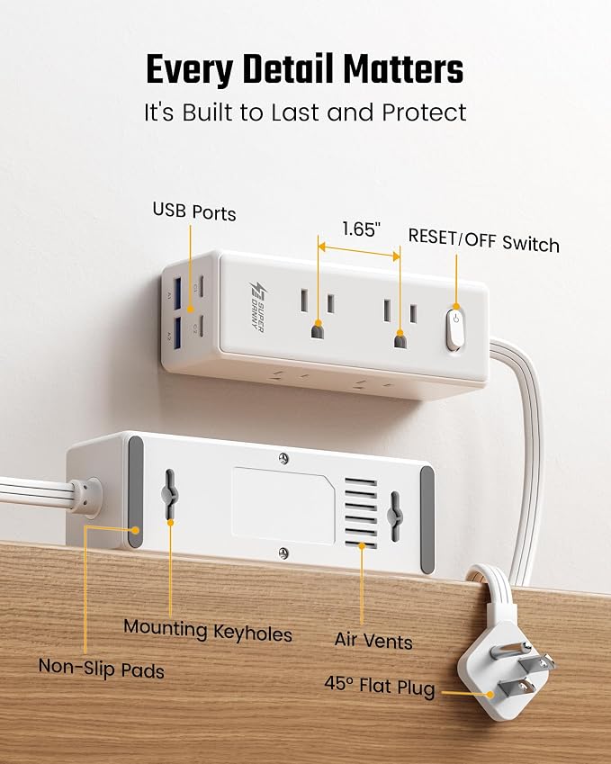 10 Ft Extension Cord with Multiple Outlets, Long Extension with 6 Outlets 4 USB Ports(2 USB C), Flat Plug Surge Protector Power Strip for Home, Office Supplies, Dorm Essentials