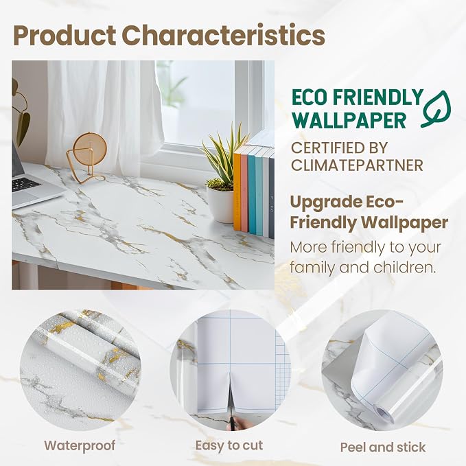 practicalWs Glossy Marble Wallpaper Peel and Stick White/Gold Granite Contact Paper Removable Wall Paper for Kitchen Countertop Cabinet Furniture 17.7" x 78.7"