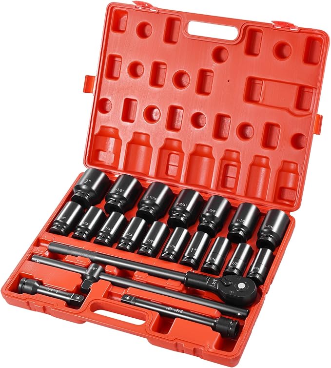 VEVOR Impact Socket Set 3/4 Inches 22 Piece Deep Impact Sockets, 6-Point Sockets, Rugged Construction, CR-V Drive Socket Set Impact SAE 13/16 inch - 2 inch, Includes Carrying Case and Ratchet Handle