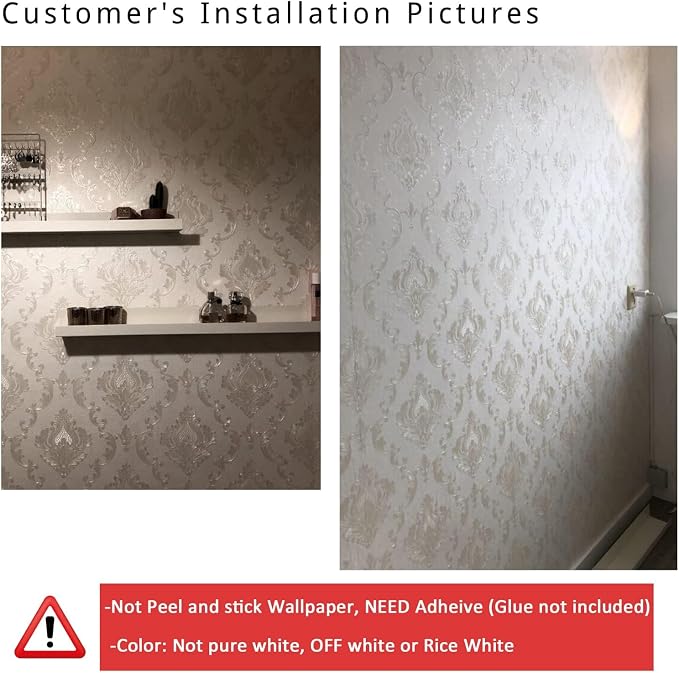AMINAH DECO Cream White Damask Decorative Textured Floral Wallpaper Non-Woven Wall Paper Home Decoration,20.8 in X 393.00 in [ Not Peel and Stick ]