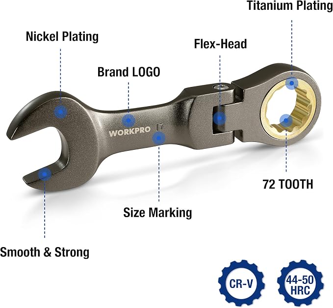 WORKPRO 8 Piece Flex Head Stubby Ratcheting Wrench Set, Metric 9-17mm | 72-tooth CR-V Wrenches with Nickel-plated Finish for Automotive, Garage and Home Repairs, Includes Rolling Pouch