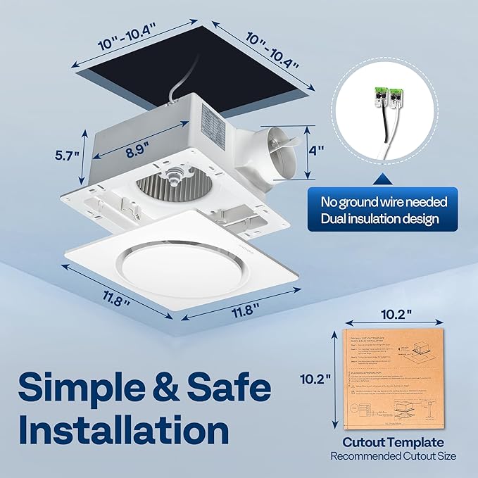 VIVOHOME AutoFlow Bathroom Exhaust Fan with Humidity Sensor 110CFM - Energy-Saving EC Motor,10.2-inch Ceiling Retrofit Bath Fan, No Attic Access Needed(Install Kit, 4-in Duct Included)