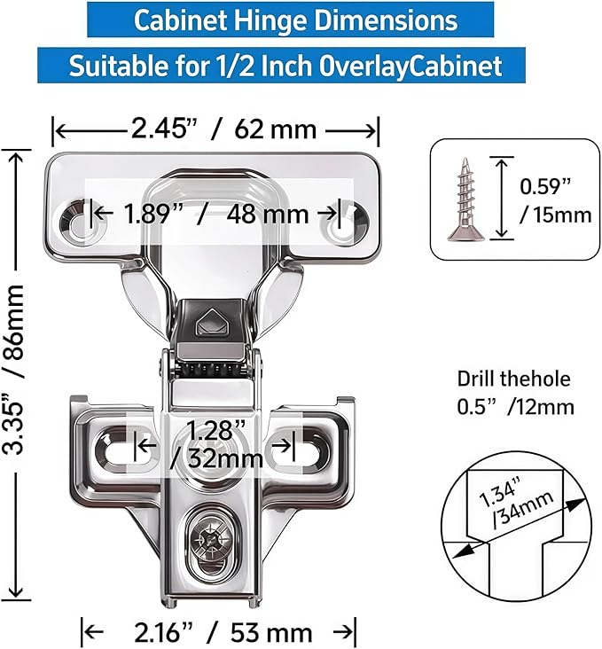 Cabinet Hinges - 10 Pack for 1/2 inch Overlay Cabinet, Face Frame Concealed 106Deg Self Closing Hinges, Stainless Soft Close Cabinet Door Hinges with Mounting Screws and Repair Plate
