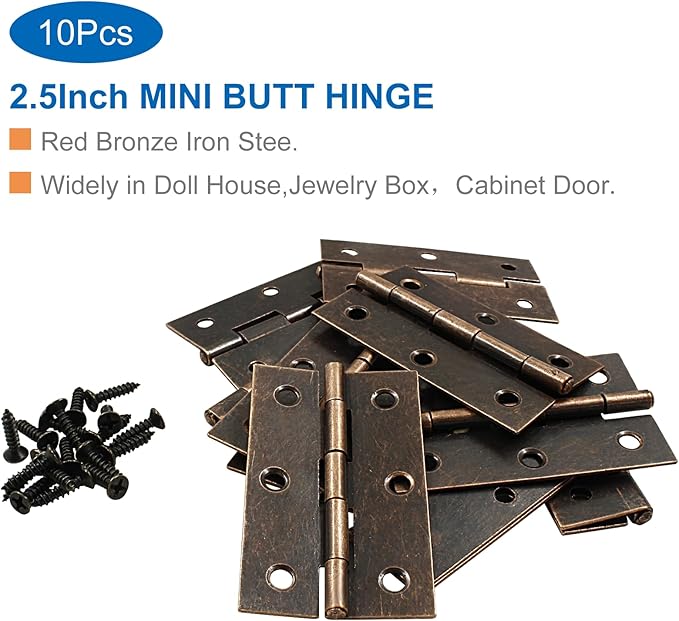 10Pcs Antique Red Bronze Door Hinges,2.5 Inch Iron Front Door Hinge,6 Hole Closet Exterior Door Hinges Heavy Duty,Antique Bronze Butt Hinge for Jewelry Box,Bedroom,Cabinet Door
